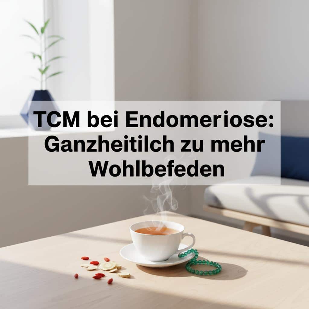 Eine ruhige Szene mit Elementen der Traditionellen Chinesischen Medizin, wie einer Teetasse und Kräutern, auf der der Titel 'TCM bei Endometriose: Ganzheitlich zu mehr Wohlbefinden' zentriert als Text-Overlay zu sehen ist.